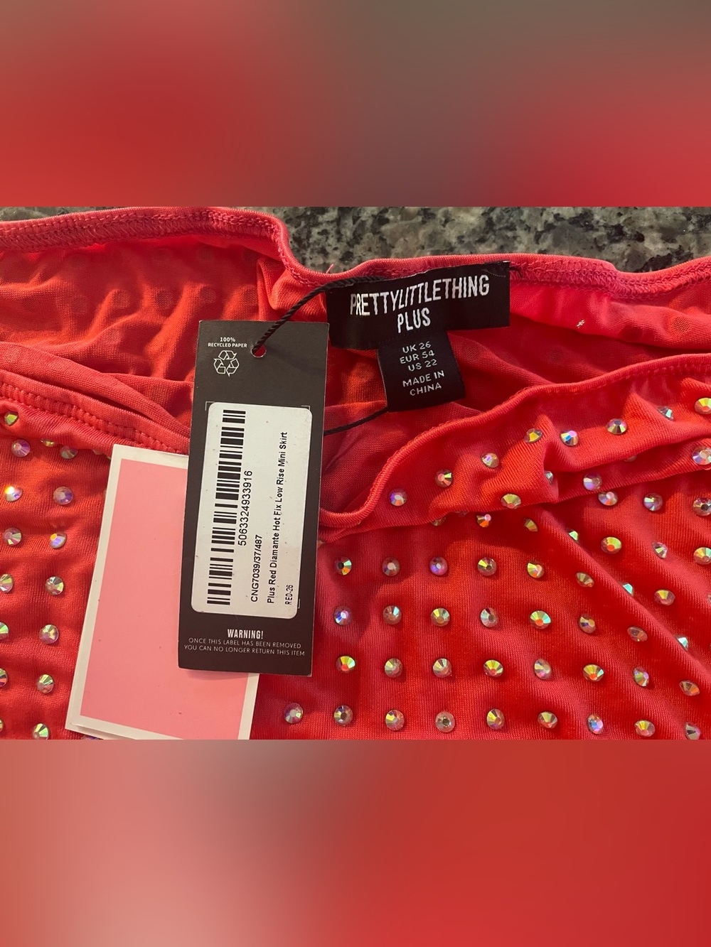 PLT Plus Red Diamanté Hot Fix Low Rise mini skirt NWT Size US 22